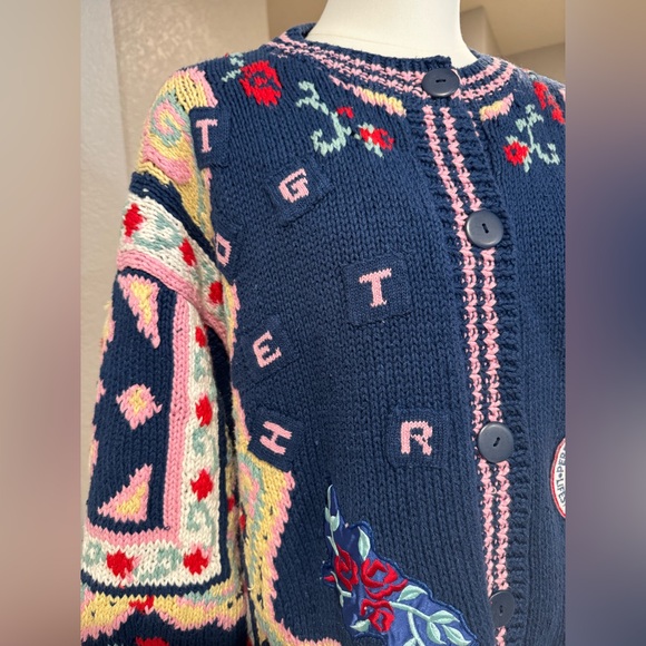Vintage Together! Colorful Navy Knit Embroidered Cardigan Sweater w/ Pockets - Picture 5 of 15